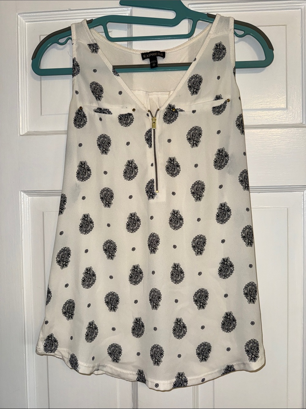 Express White Tank with Black Paisley Print and Gold Zip